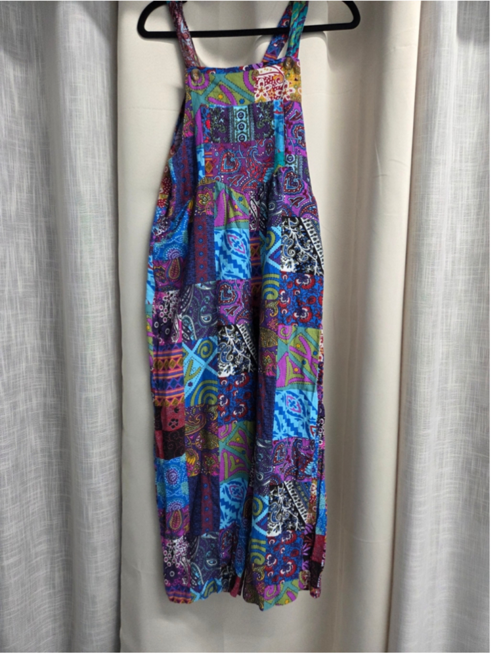 Colorful Patchwork Overalls Vibrant Blue Purple Boho Festival Hippie Size S - Picture 2 of 13